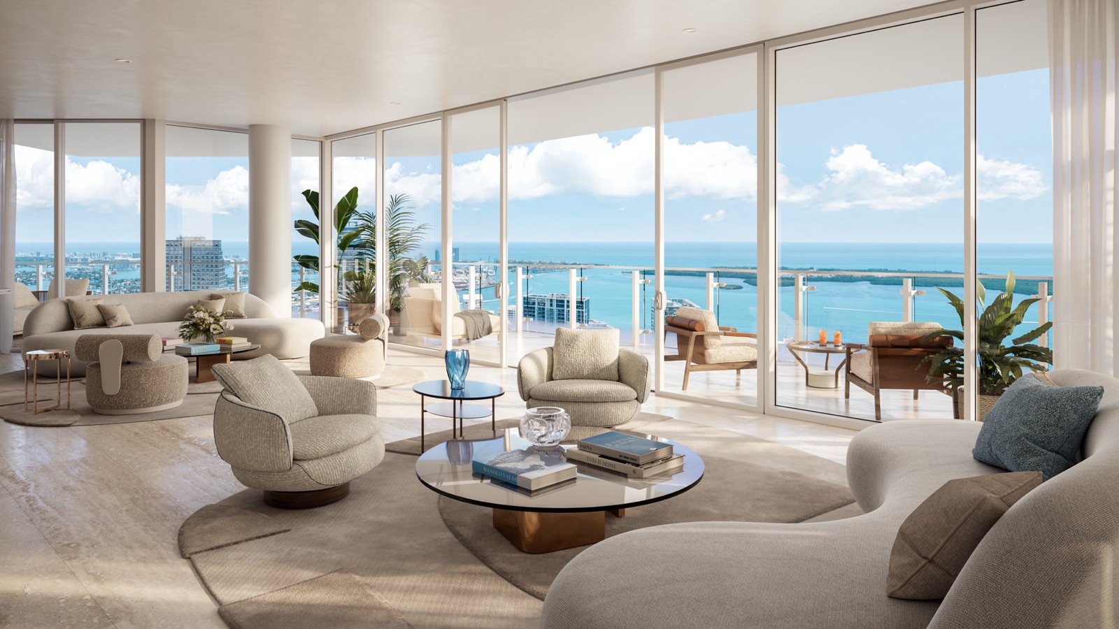 Faena Residences Miami great room — open plan designed to maximize Biscayne Bay, Miami River, and city skyline views.